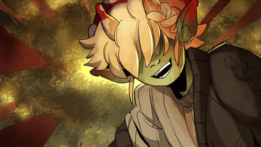 mychael with a broad smile on his face, looking down at the player on the forest floor. his bangs cover his eyes.