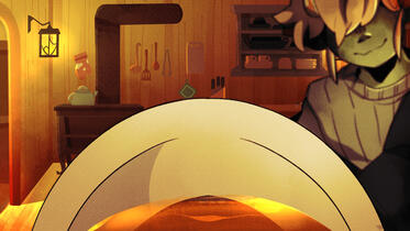 mychael, bangs obscuring his eyes, peering over at the player as they drink ginger tea in the kitchen.