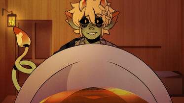 mychael smiling at the player as they drink tea at the dinner table.