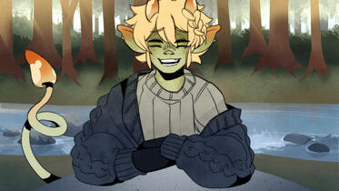 mychael smiling broadly with all of his eyes closed, his tail curling to the left.