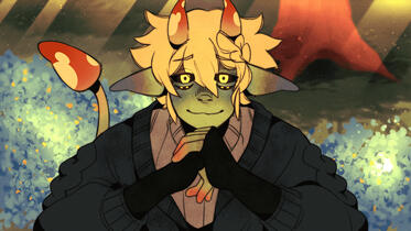 mychael staring fondly at the player in a field of flowers.