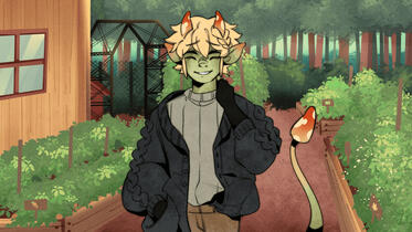 mychael with a bashful smile on his face, with all eyes closed. he has a hand tucked behind his neck.