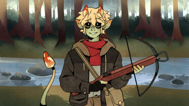 mychael, with an amused expression, holding his bow.
