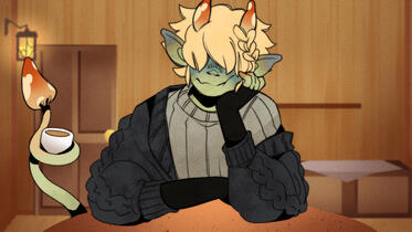 mychael with a nervous smile, bangs obscuring his eyes, cup held in his tail. he's seated across from the player.